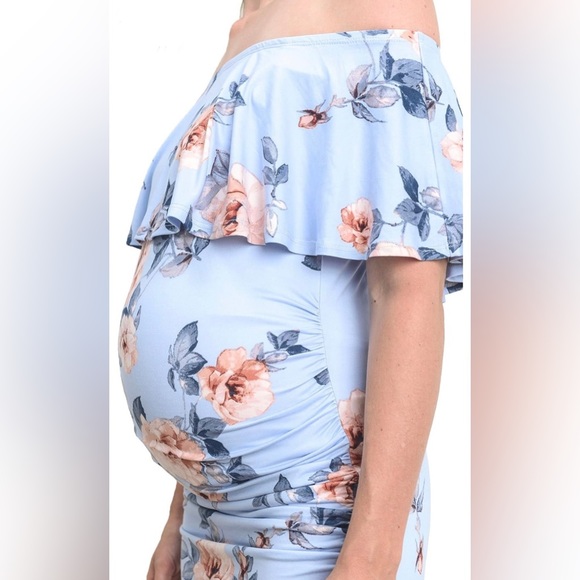 NWT - Women's Floral Ruffle Off Shoulder Maternity Dress - Sky Blue - Picture 4 of 7
